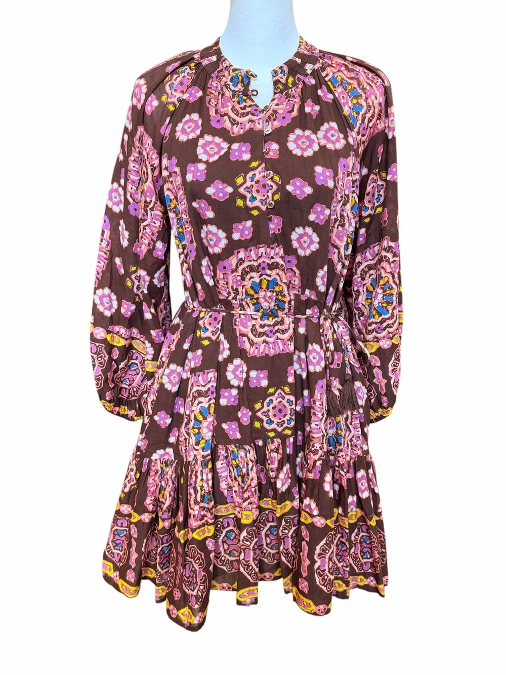 Cleobella Elvia Mini Dress Size Small Brown Cotton Boho Peasant Puff Sleeves - Picture 2 of 13